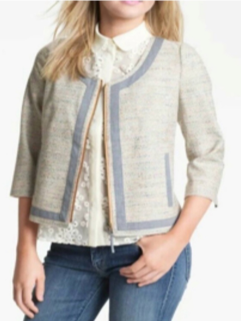 Hinge Tweed S Full Zip Jacket in Beige, Light Blue and Teal with salmon accents